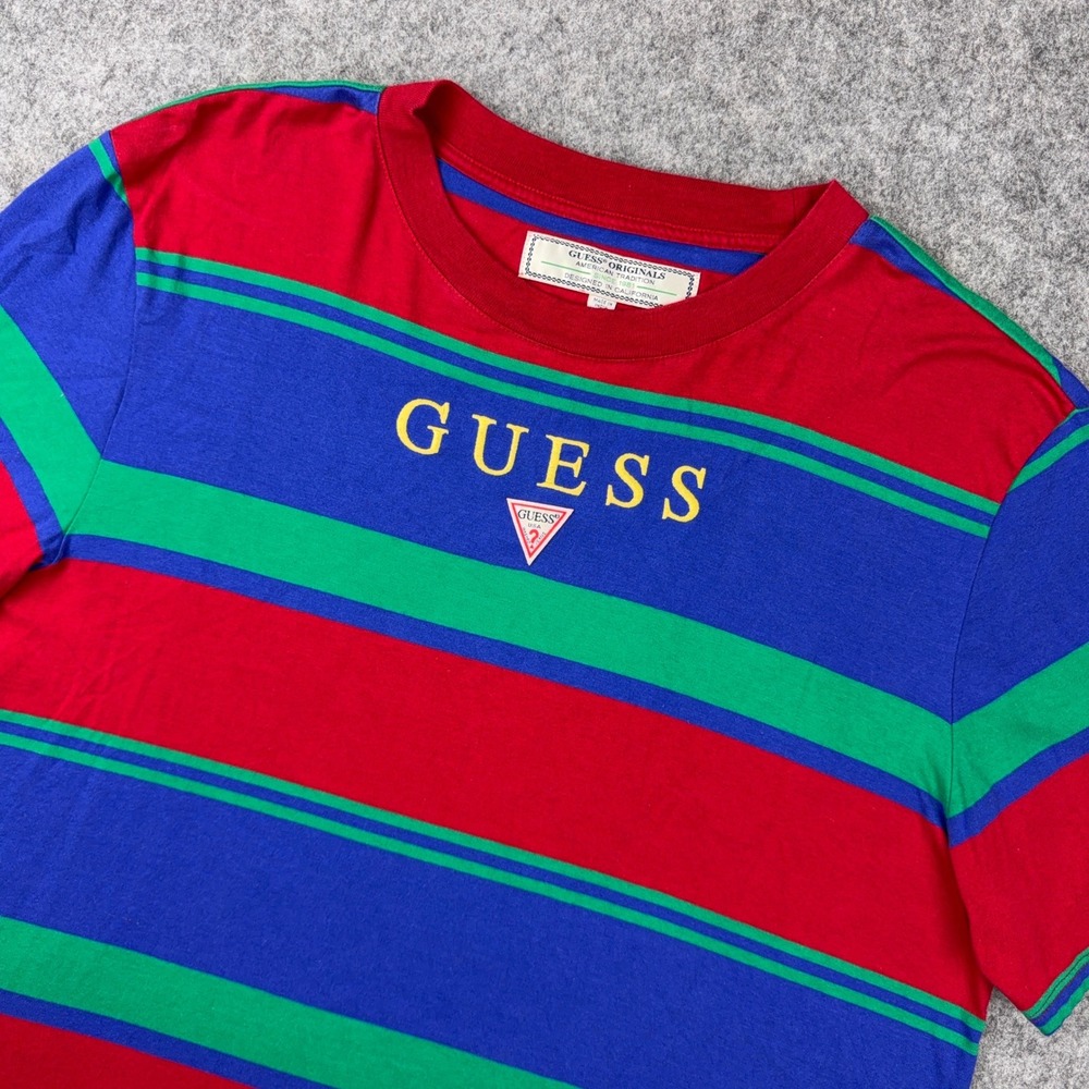 Guess T Shirt Mens Large Multi Color Striped Guess Originals Cotton 90s Hip Hop - Picture 1 of 12